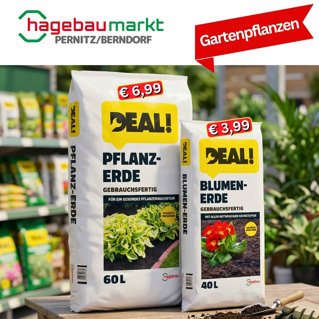 🌱 Gartenzeit mit DEAL! 🌱 Mach deinen Garten oder Balkon startklar – mit unserer hochwertigen Erde von DEAL! 💚 🪴 40L Blumenerde – nur 3,99 € 🌿 60L Pflanzerde – nur 6,99