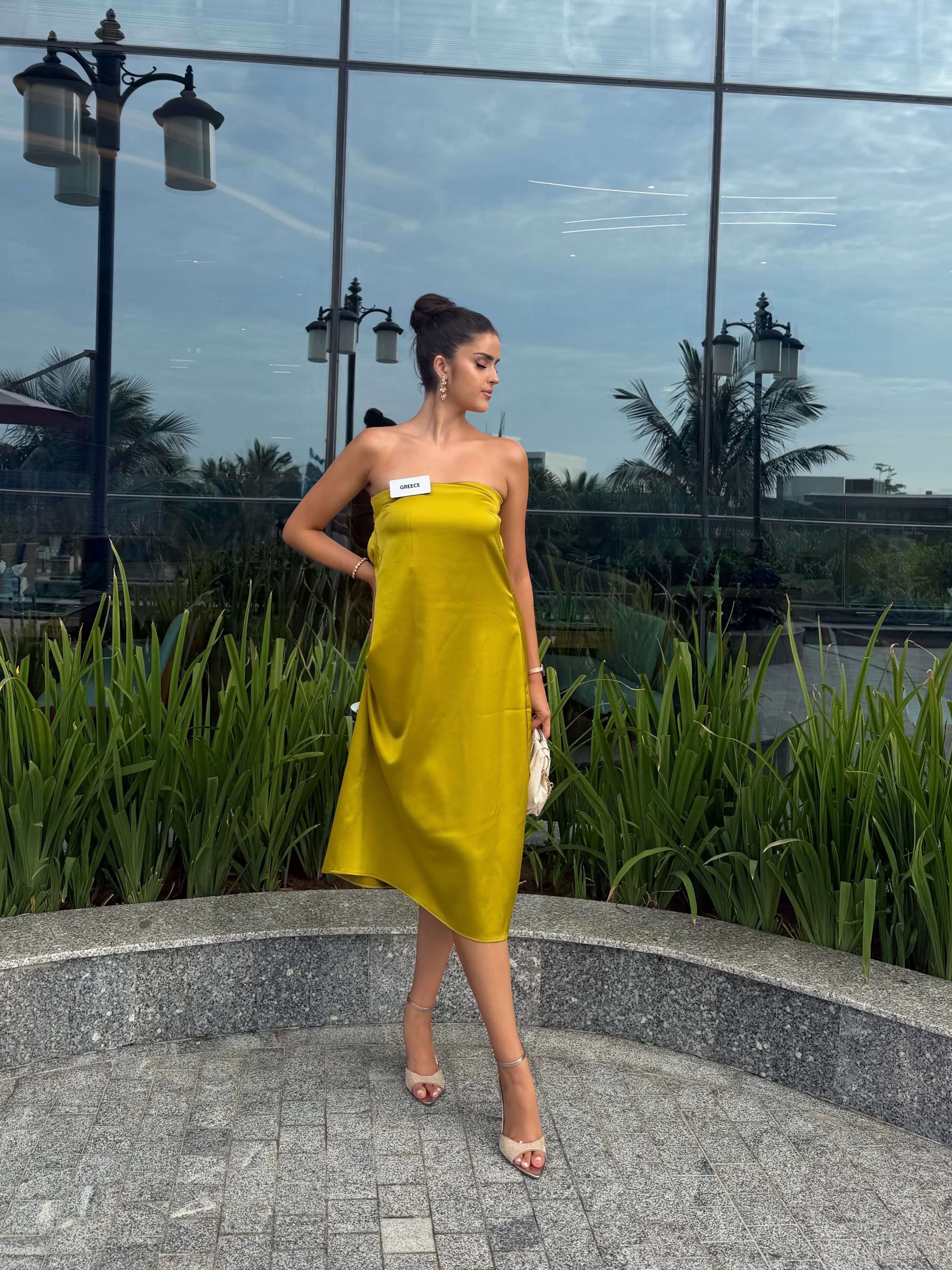 world star yellow dress lady Hellas | Miss Hellas date night outfit