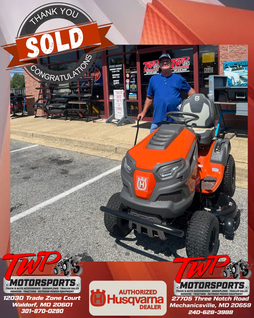 TWP Motorsports congratulates customer on new Husqvarna mower