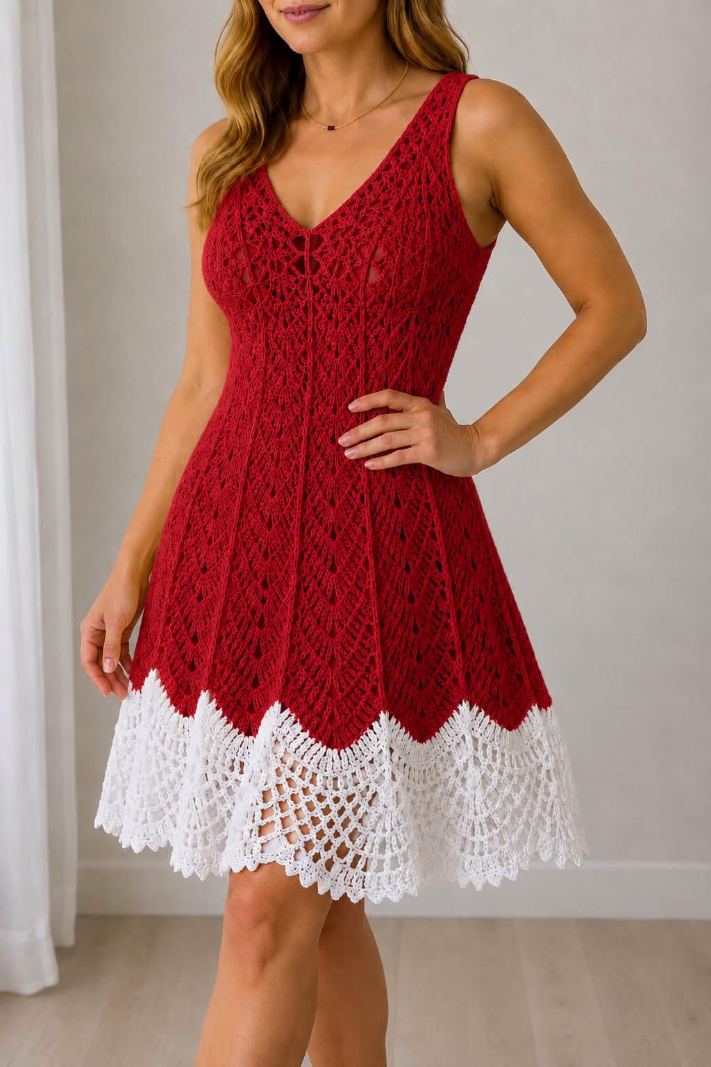 How to crochet a red and white V-neck dress with lace hem
