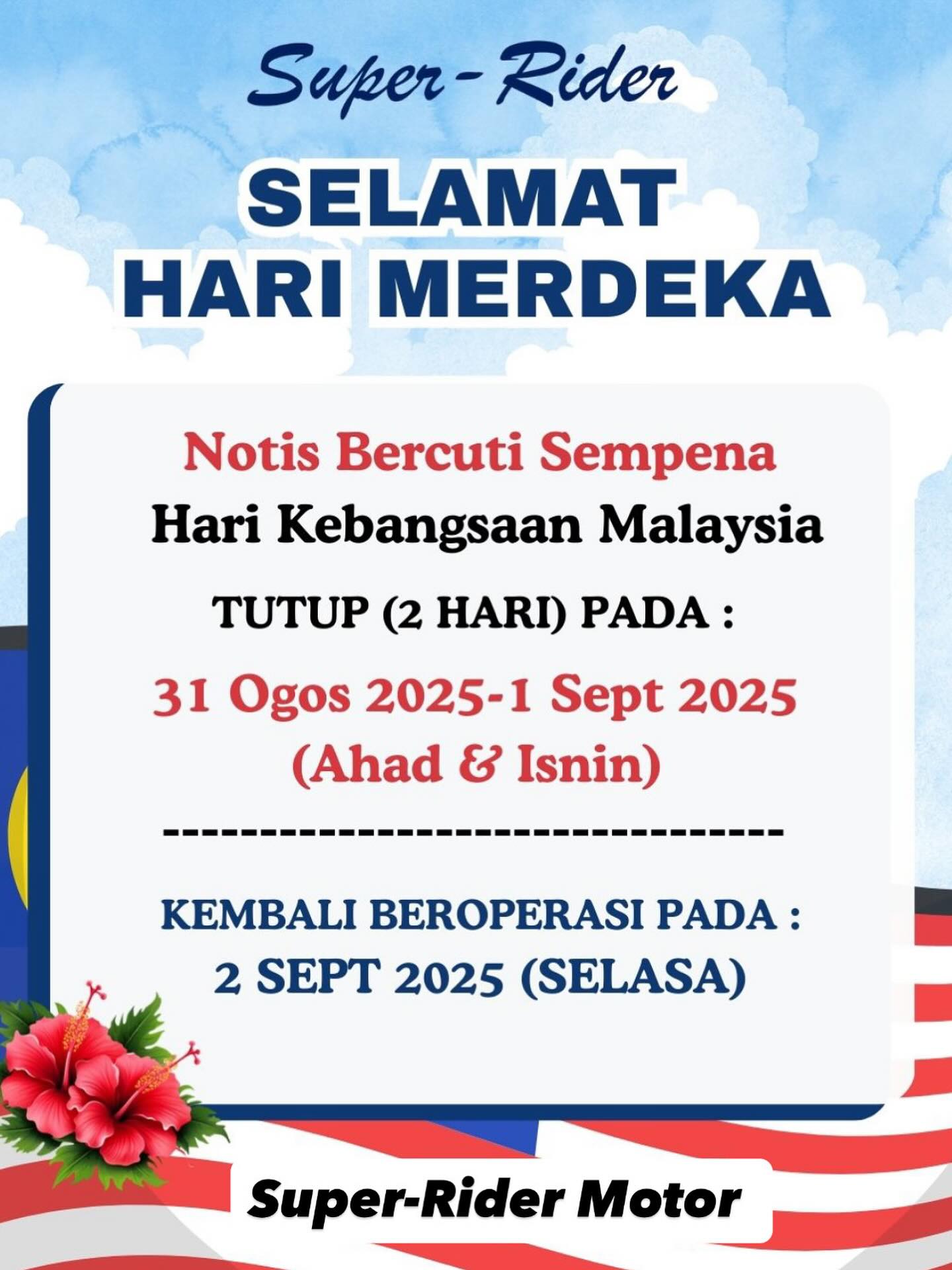 Notis Bercuti Sempena Hari... - YQS Super-Rider Motor Sdn Bhd | Facebook