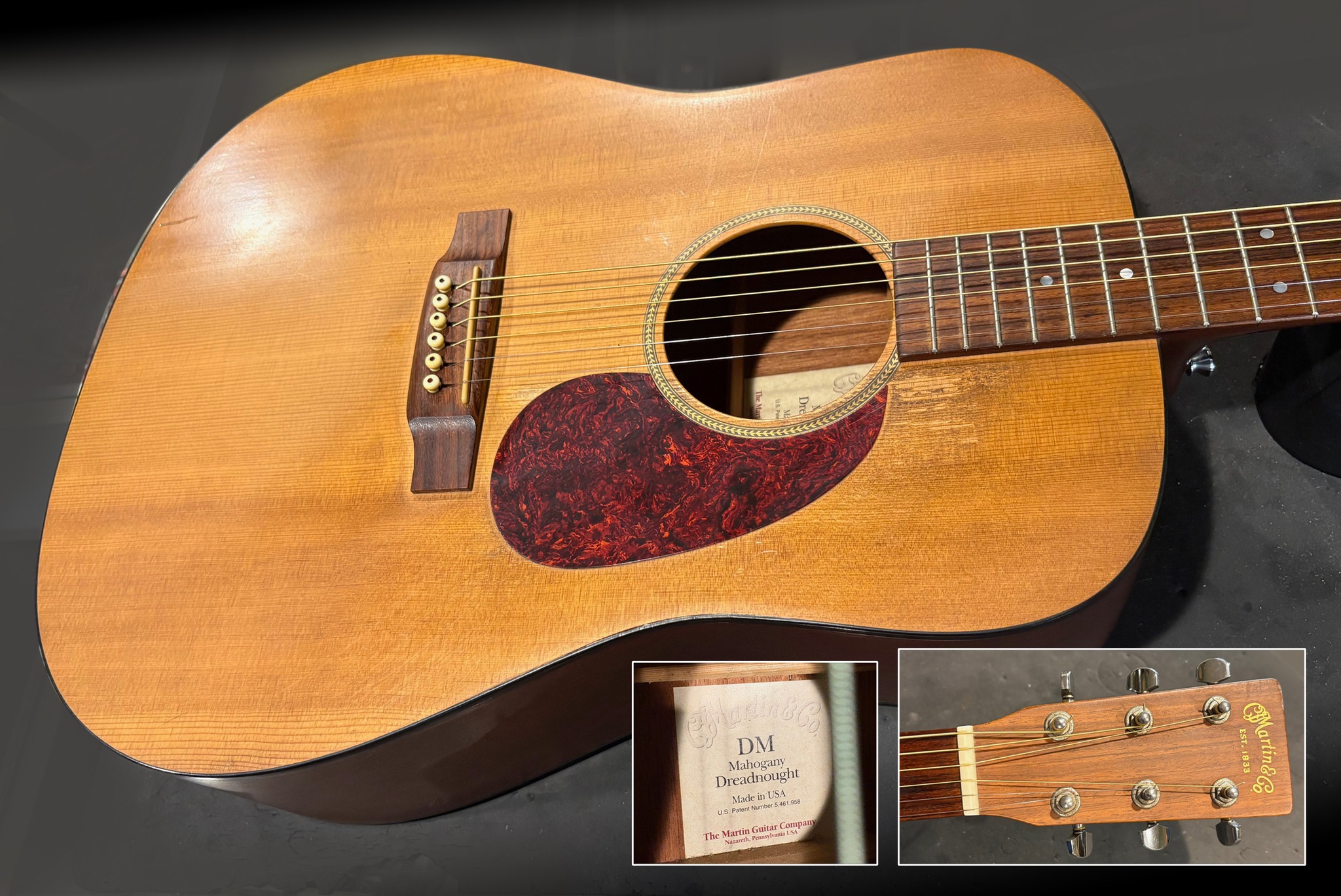 Vintage Martin DM series mahogany dreadnaught guitar restoration