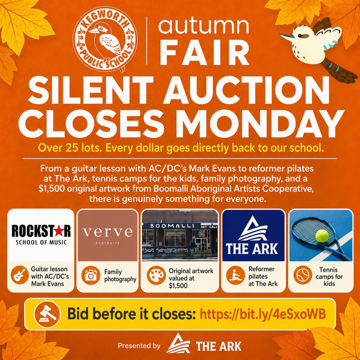 The Kegworth silent auction closes Monday. Over 25 lots -- every 