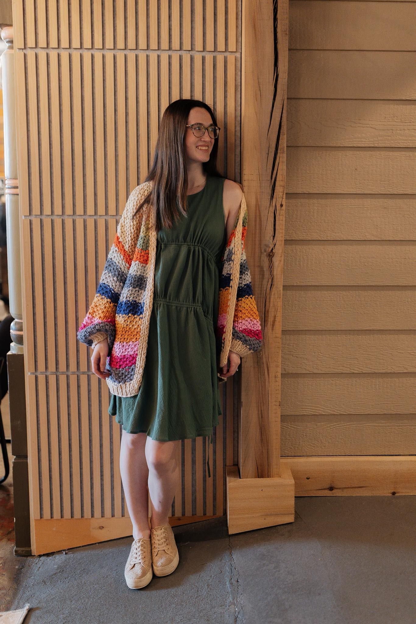 This flowy green dress paired with our chunky striped cardigan is the perfect mix of comfy + cute. Throw it on with sneakers for an easy everyday look or dress it up