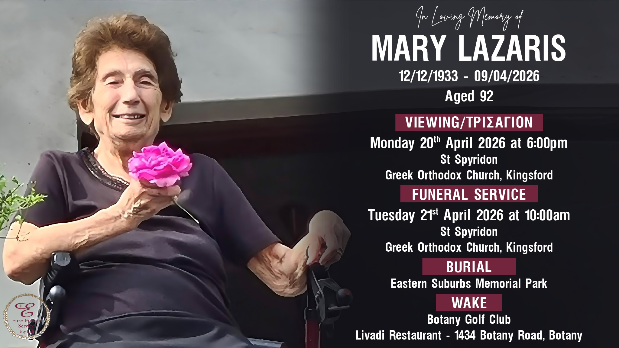 Mary Lazaris 12/12/1933 – 09/04/2026 Aged 92