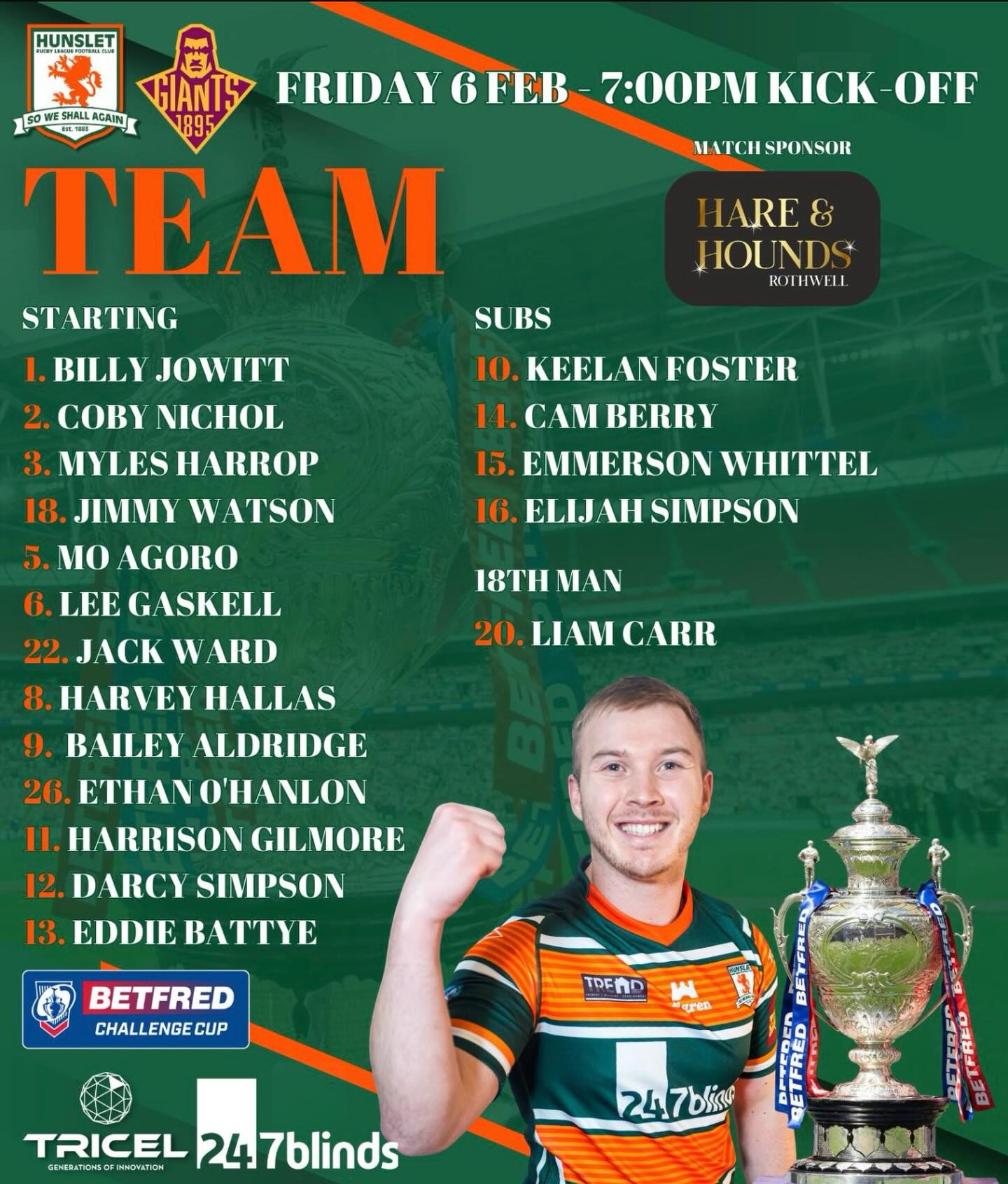 Hunslet - 1️⃣8️⃣ | Starting Lineup Kyle Trout has named his 18- man ...