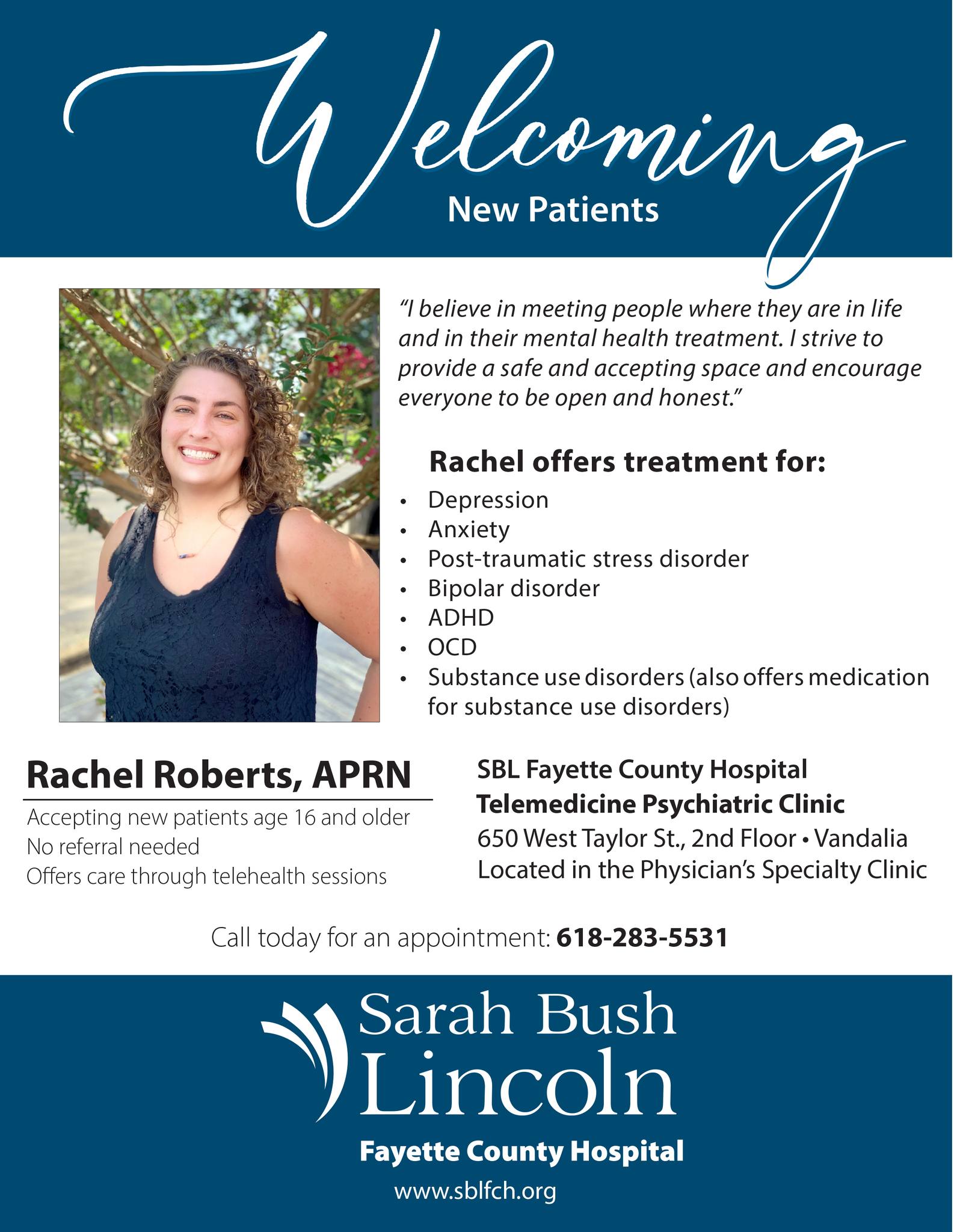 SBL - Rachel Roberts, APRN, SBL FCH Telemedicine Psychiatric Clinic, is ...