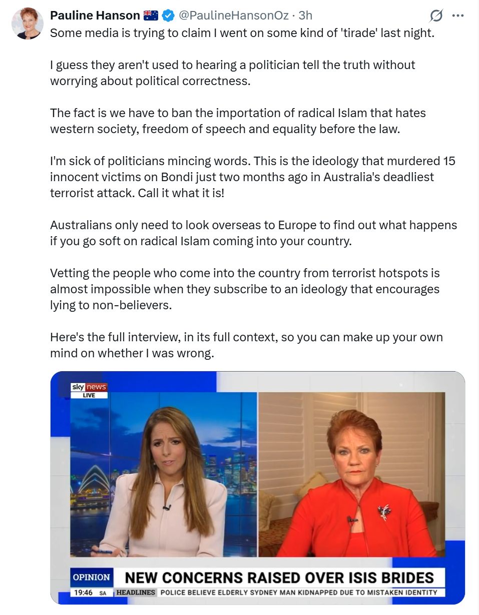 The Spectator - From One Nation leader, Pauline Hanson: 