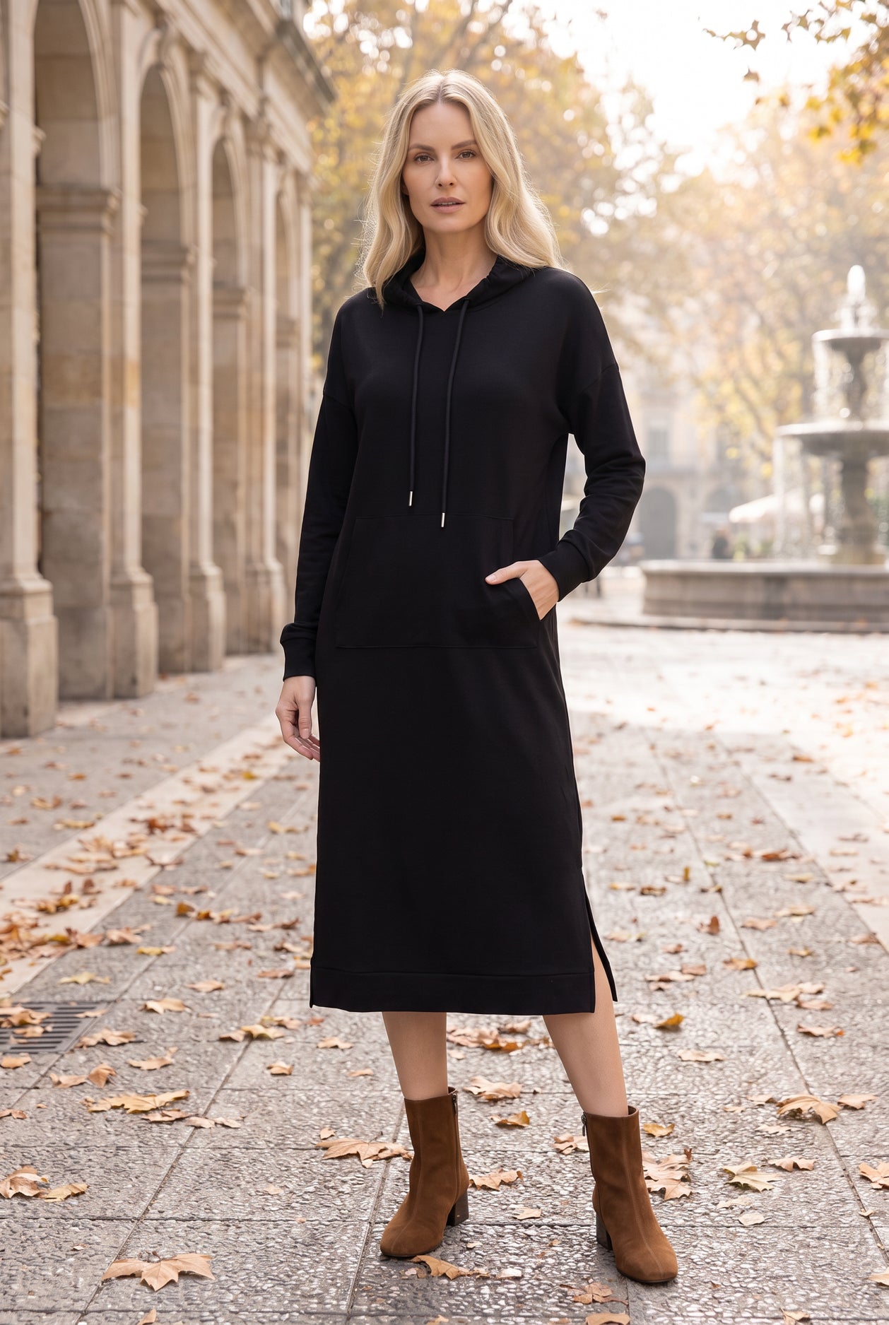knitted hoodie dress Nuggles in black, teal, brick red, and light navy trimester: Not Pregnant