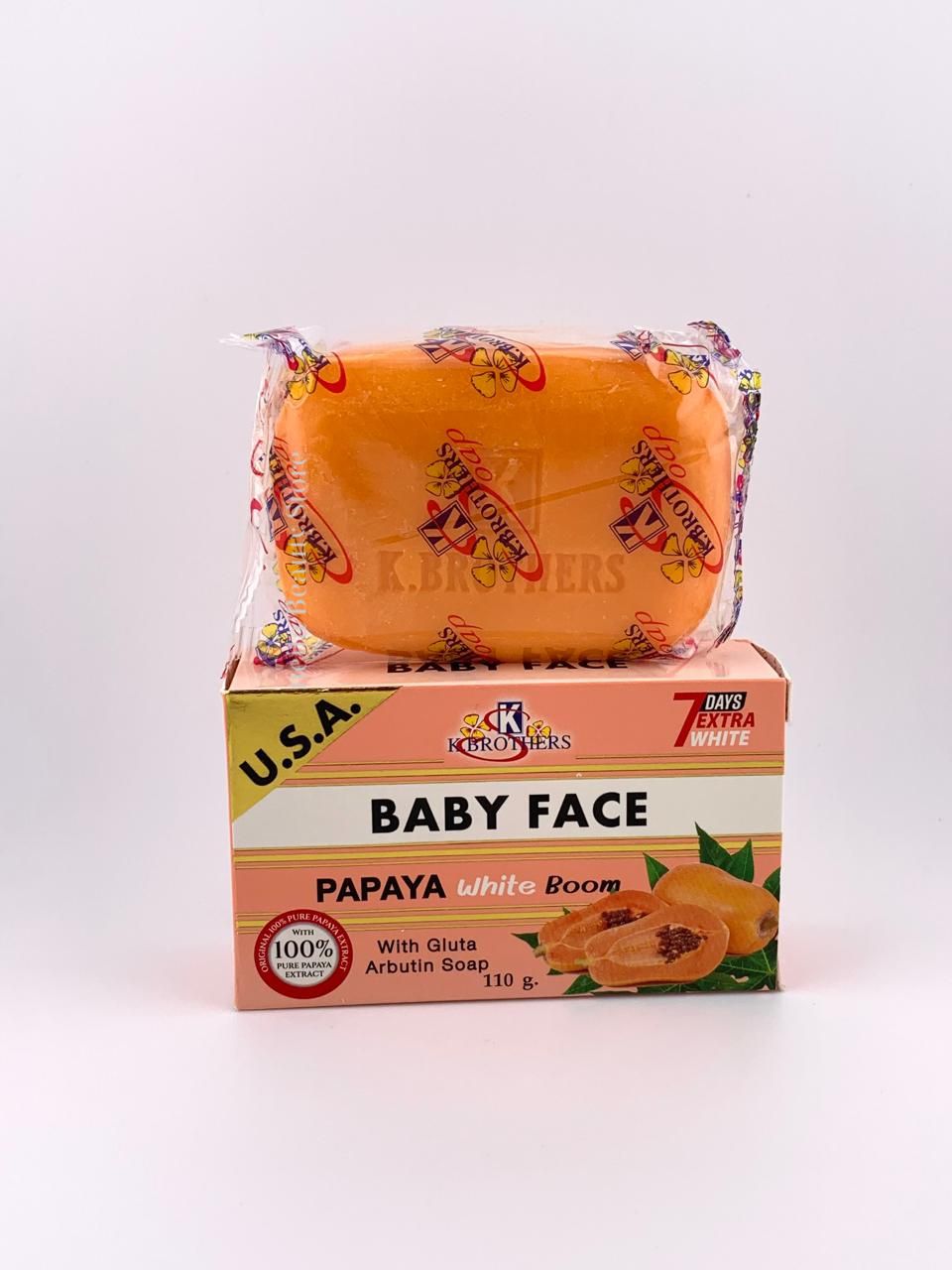 K.BROTHERS BABY FACE PAPAYA WHITE BOOM WITH GLUTA & ARBUTIN SOAP. Say hello to your soft, clear, and radiant Baby Face with the natural power of Papaya White Boom Infused with 100%