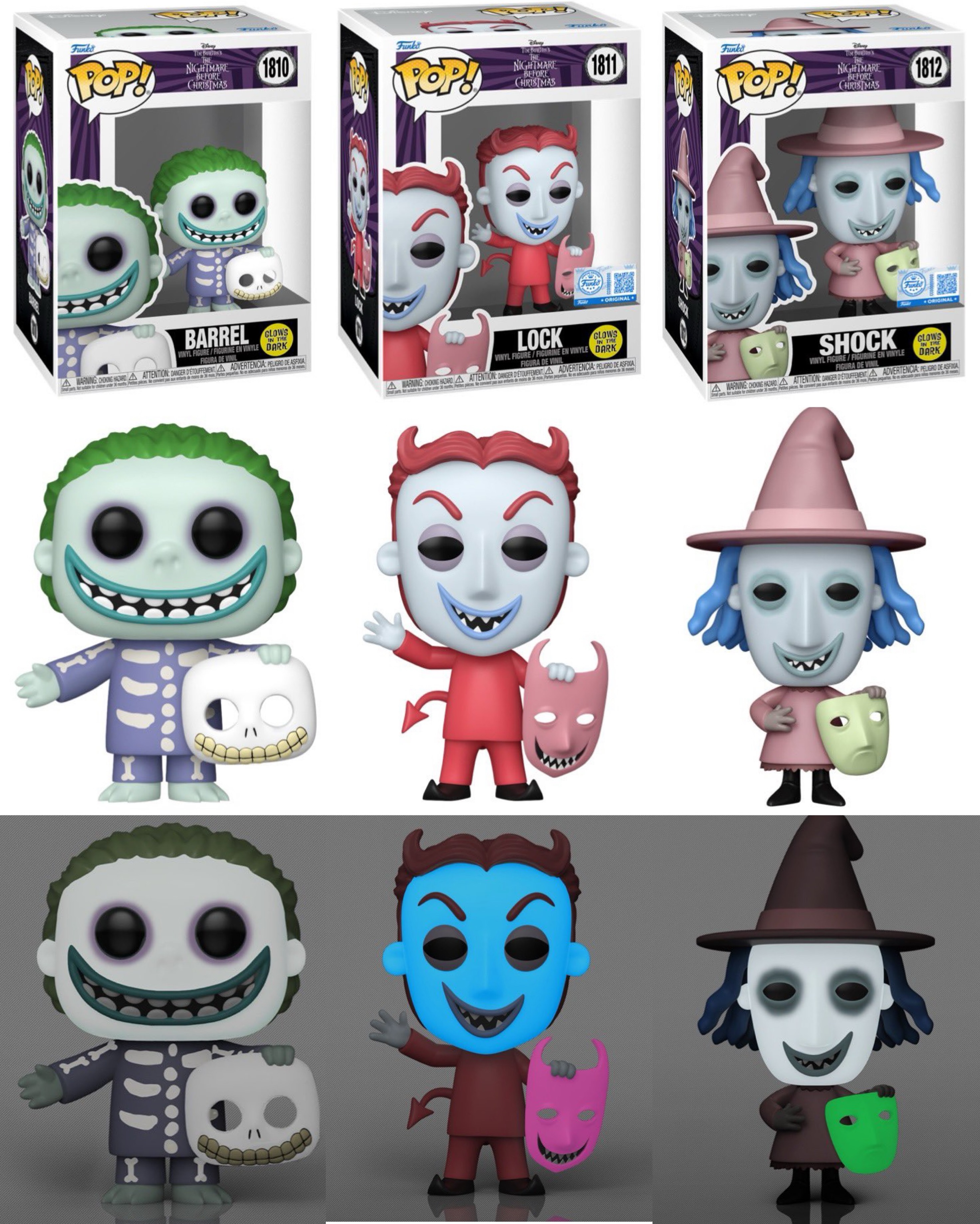 First look! EE Exclusive GITD Lock, Shock & Barrel Funko POPs