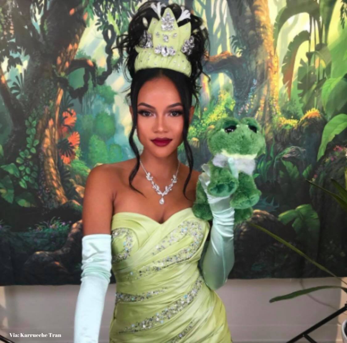 karrueche green dress Tran who is half Vietnamese and half Black dressed up as Princess Tiana for a day and the internet lost it. Is it right for us to negate what she identifies Prom dress