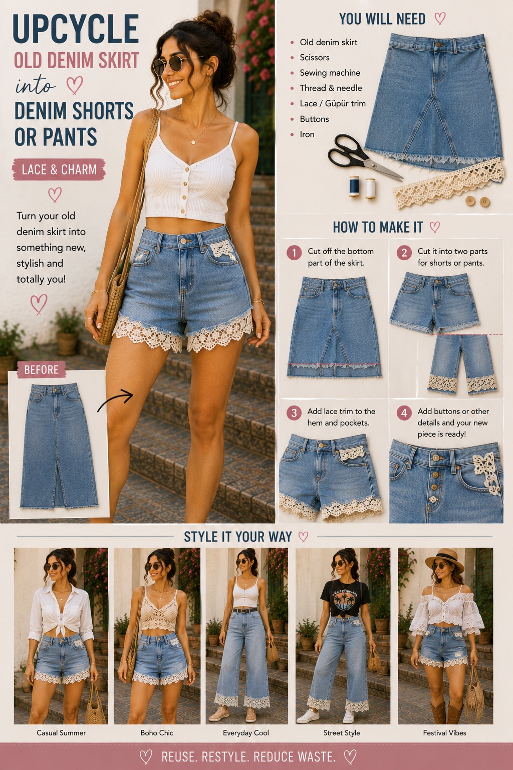 Upcycled Denim Skirt into Lace-Trimmed Shorts - Nurgül Transform