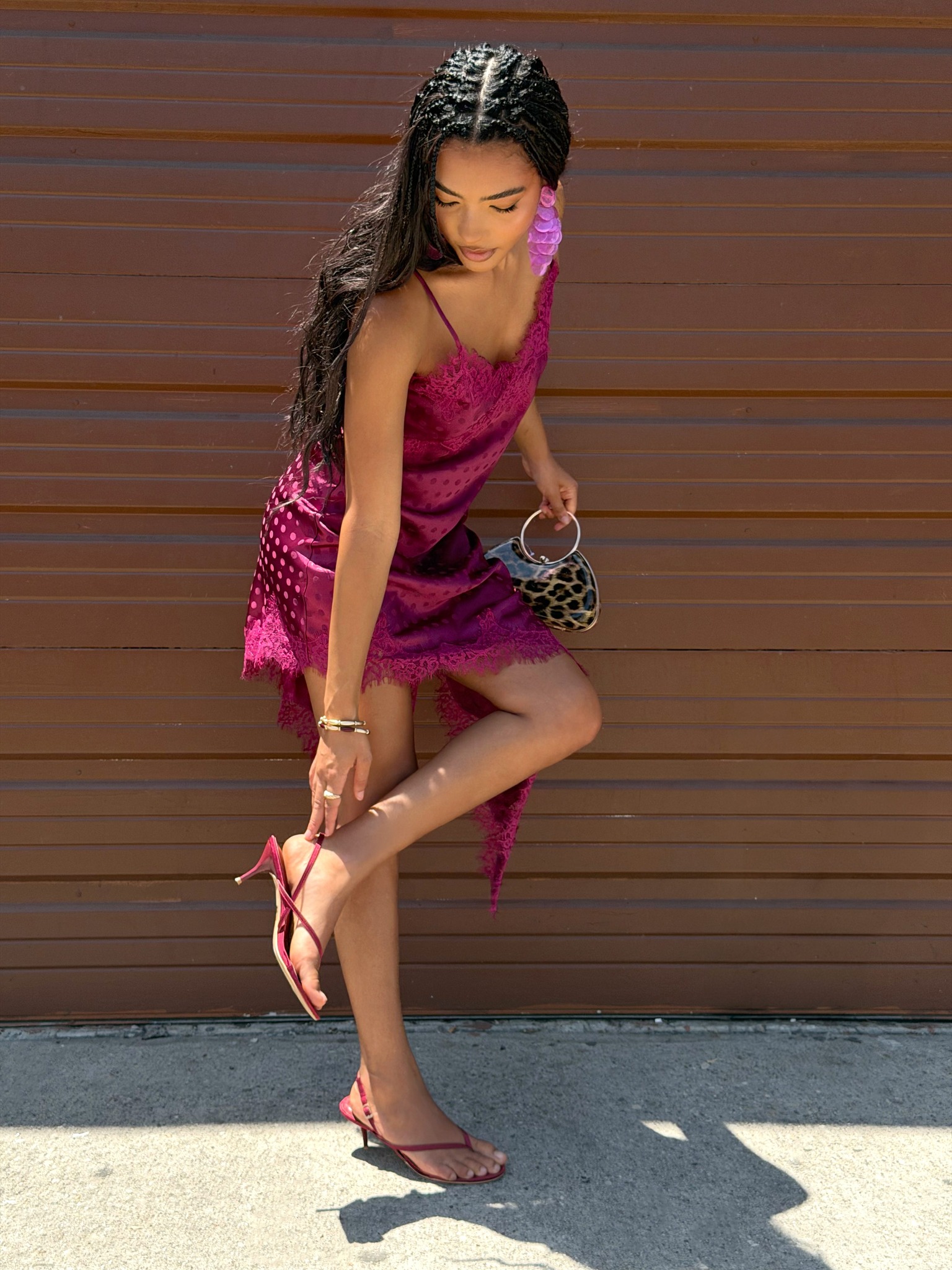 lilac dress gold shoes Pattern play. - Camille Asymmetrical Satin Midi General Fabric: Mesh
