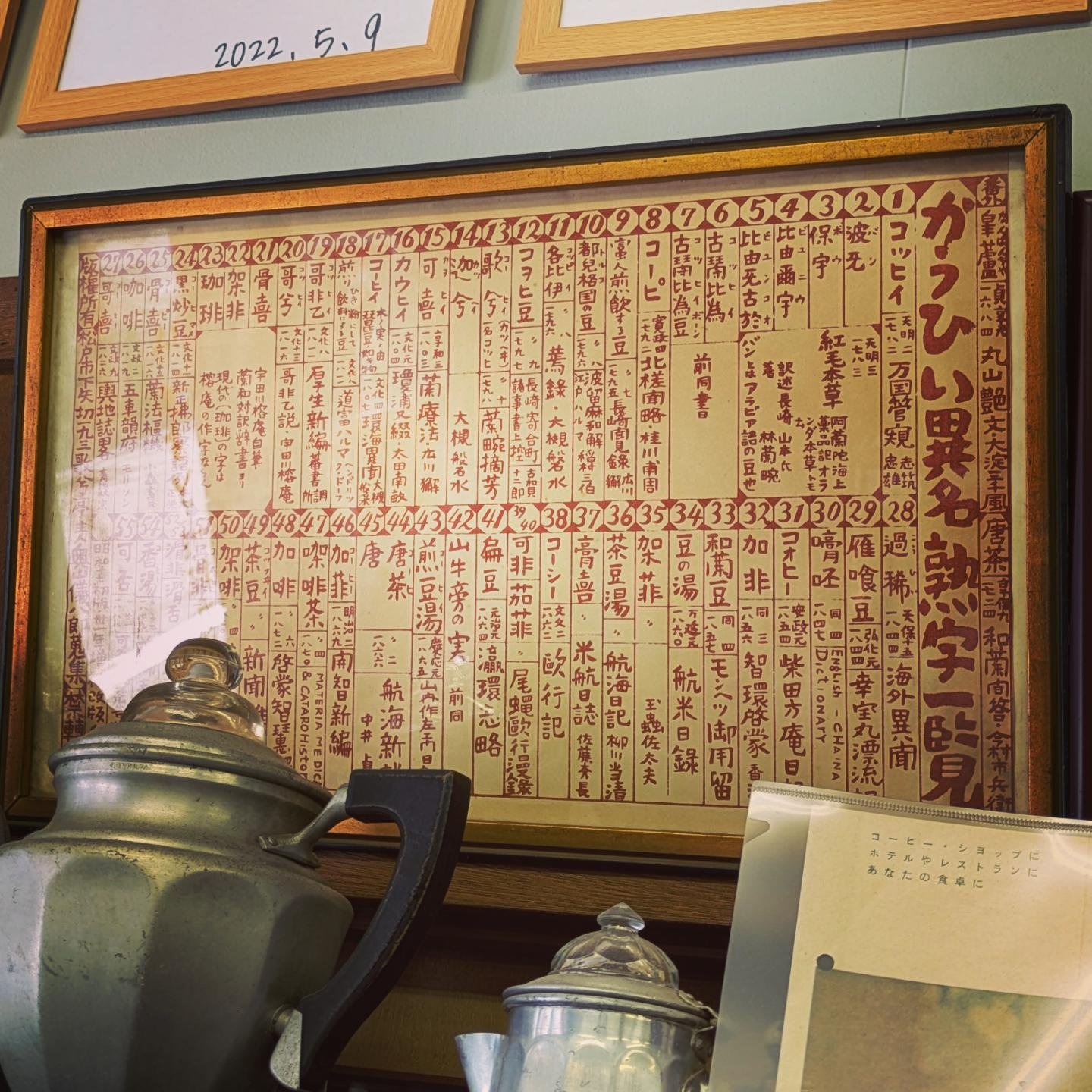 カドモト珈琲店 - 「かうひい異名熟字一覧」、むかしは必ず喫茶店の壁
