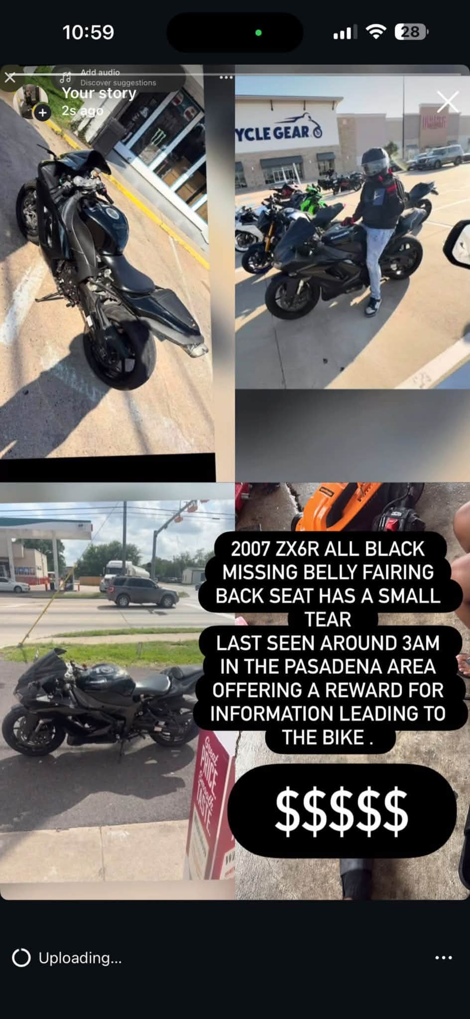 2007 Kawasaki ZX6R all black stolen in Pasadena, TX area