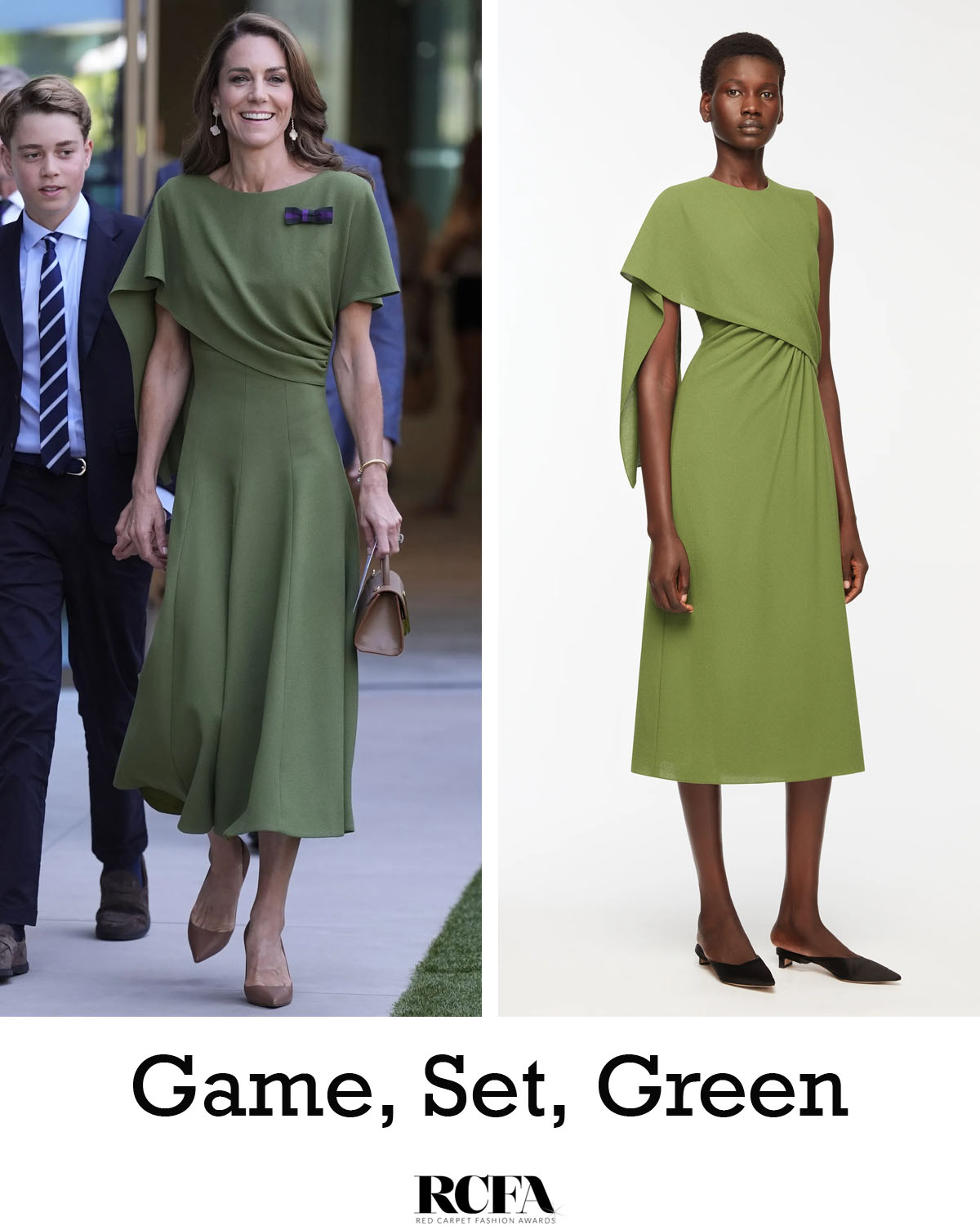 Catherine, Princess of Wales returned to Centre Court for the Wimbledon men's singles final wearing a custom Emilia Wickstead grass-green Tidus dress. The rich green shade felt like a natural choice for