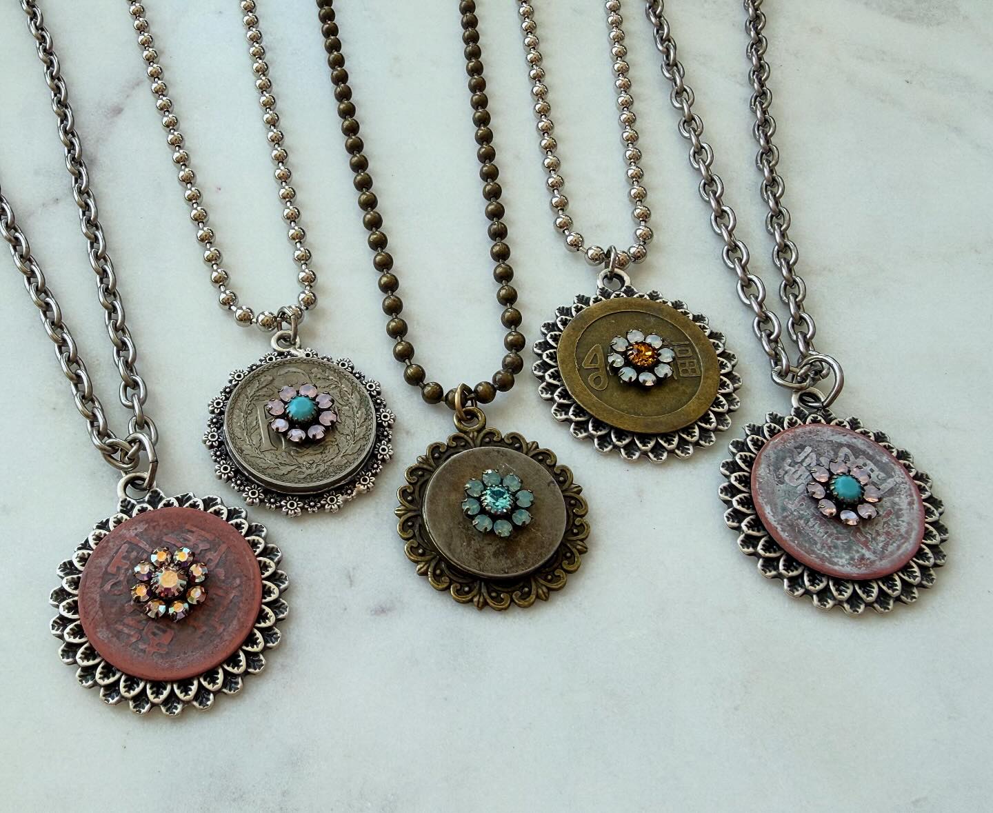 Unique handmade jewelry with vintage coin and Swarovski flower