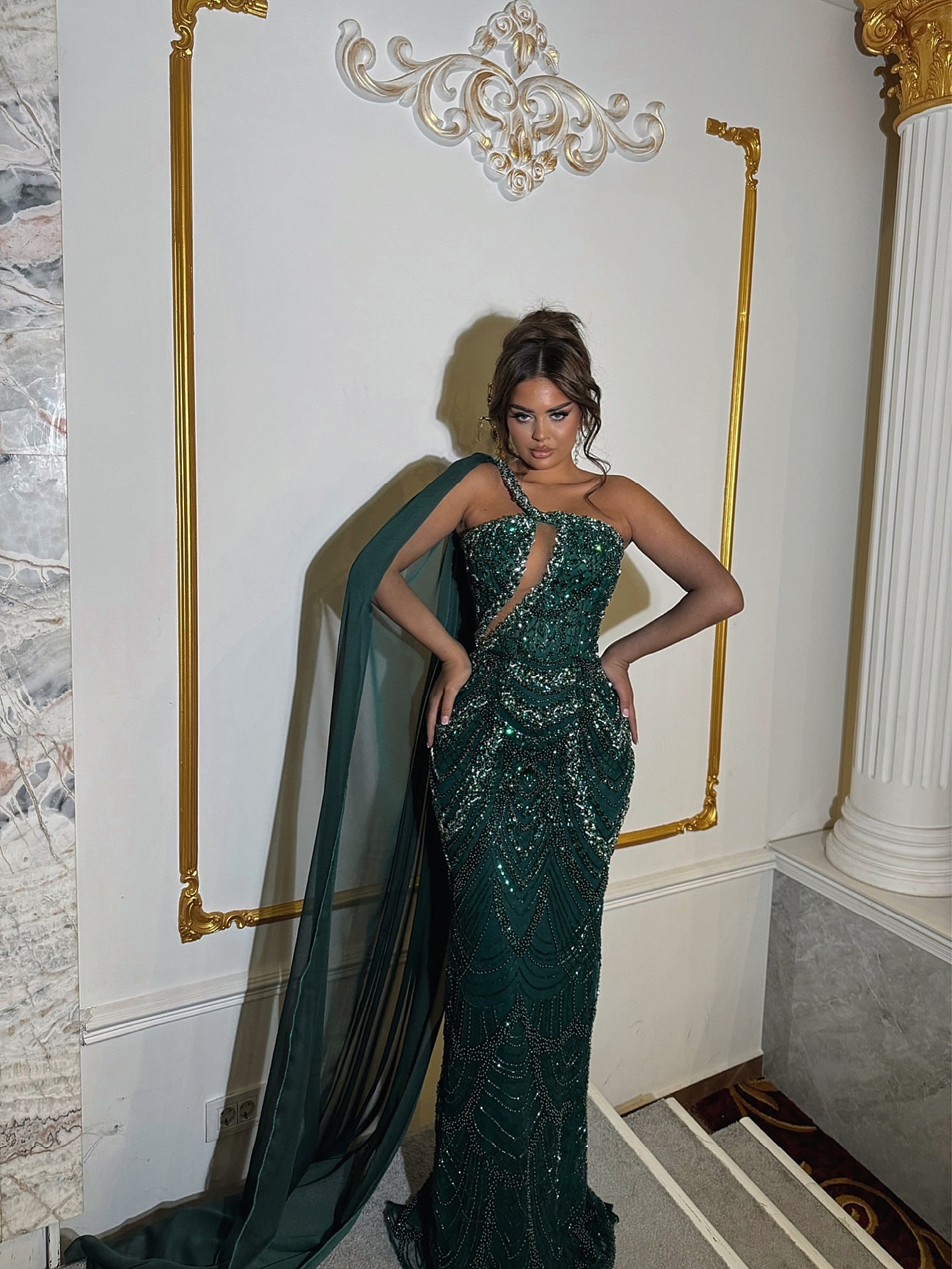 emerald green dress with a touch of gold luxury ✨ #dresses #dressaddict #dressinspiration #fashionstyle #styleinspo colour: coral-strappy-gold-buckle-wrap-asymmetric-hem-dress