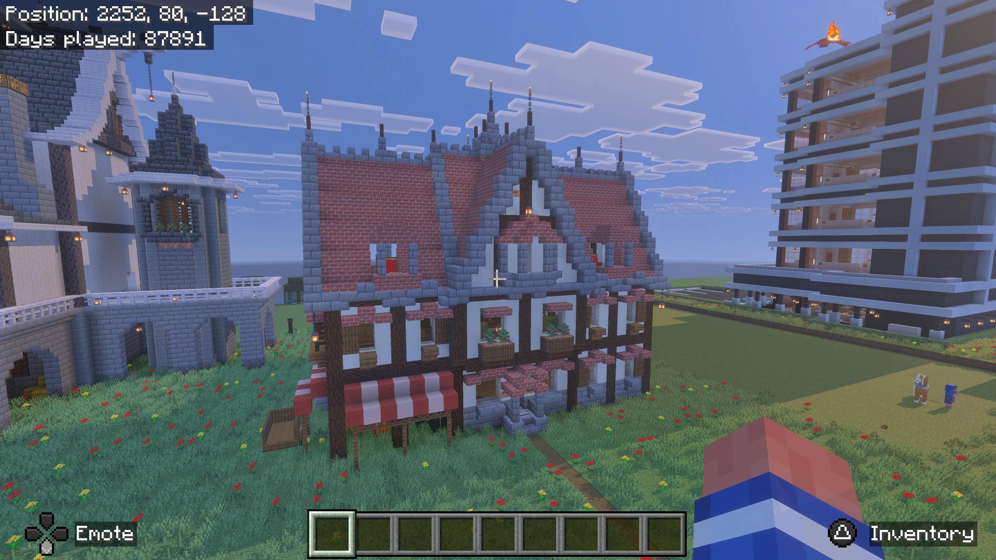 What block is used for window frames in Minecraft cafe build?