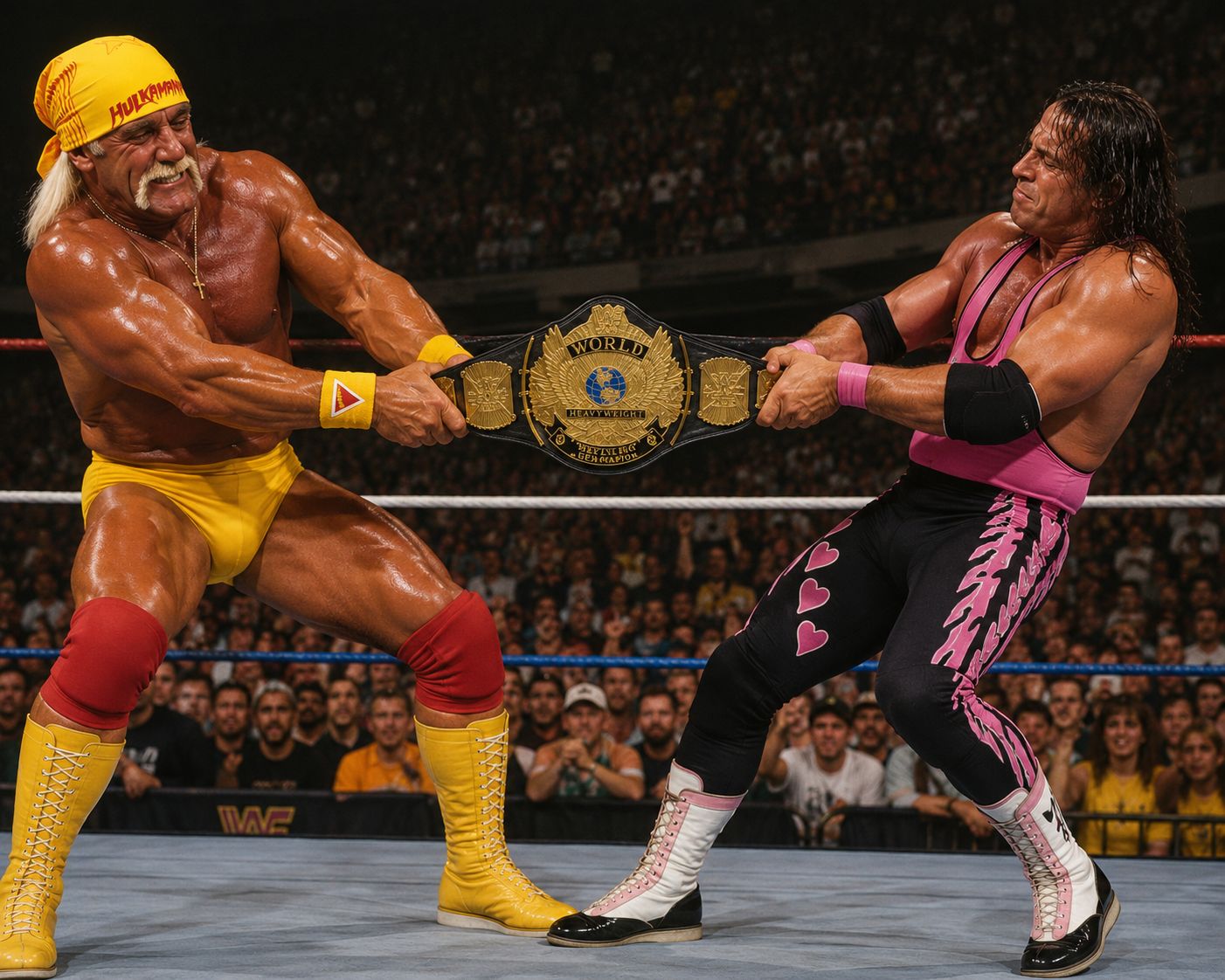 Hulk Hogan and Bret Hart fighting over the WWF Championship 1993