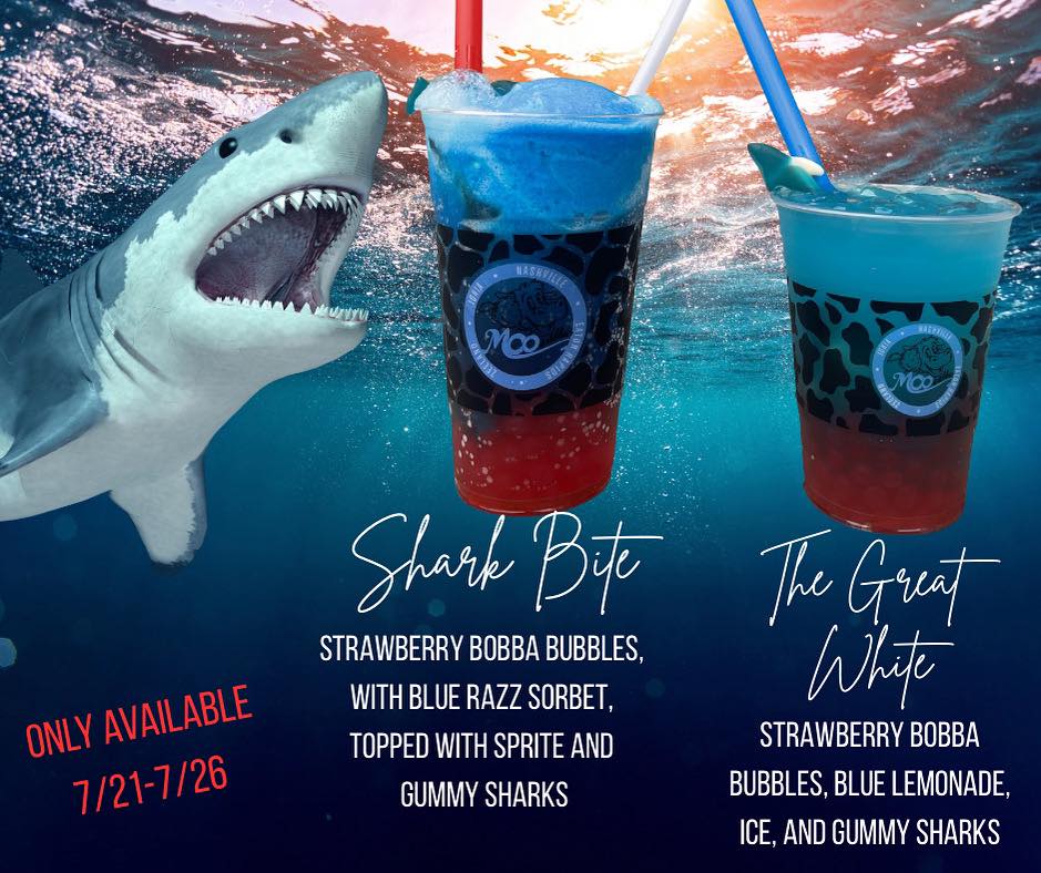 Shark-themed drinks at Moo-ville Creamery