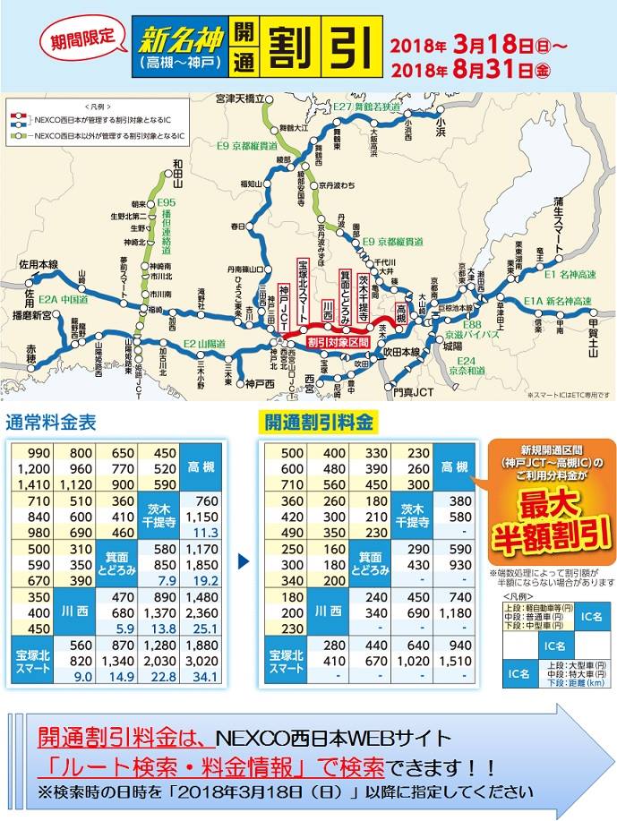 NEXCO西日本 - 【3/18～8/31の期間限定！新名神（高槻～神戸）開通割引