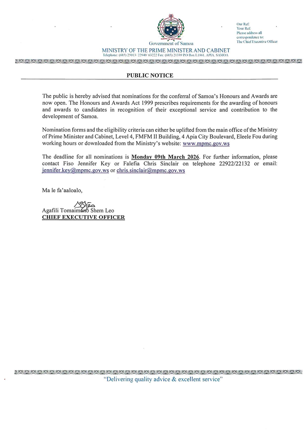 Savali - 🔆: PUBLIC NOTICE: MINISTRY OF THE PRIME MINISTER AND CABINET ...