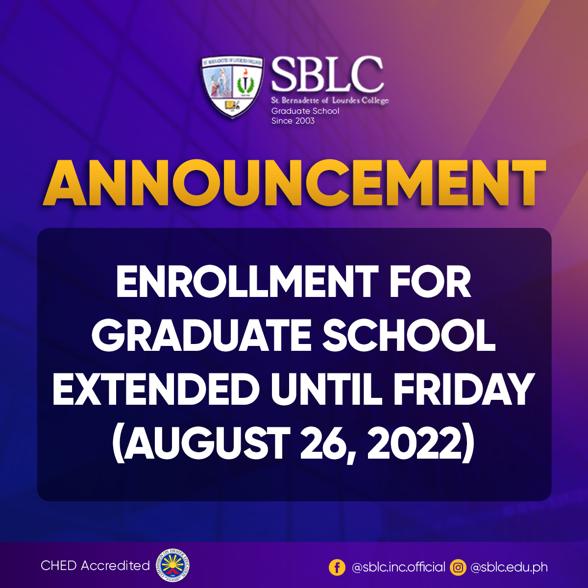 SBLC - Great start of the week, SBLCians! 📣 ANNOUNCEMENT... | Facebook