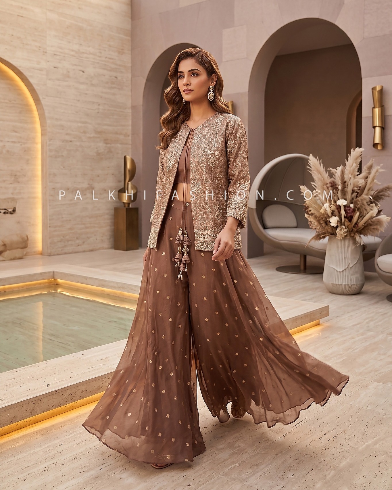 dress for ladies sangeet The ultimate Outfit and Reception Look has arrived! ✨ If you are looking an effortlessly sophisticated silhouette, this rich mocha taupe Indo-Western ensemble is an absolute dream. Crafted in luxurious made-for_Woman