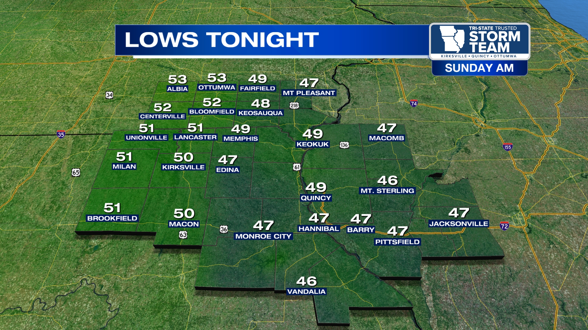 Tri-state overnight lows forecast for Sunday AM