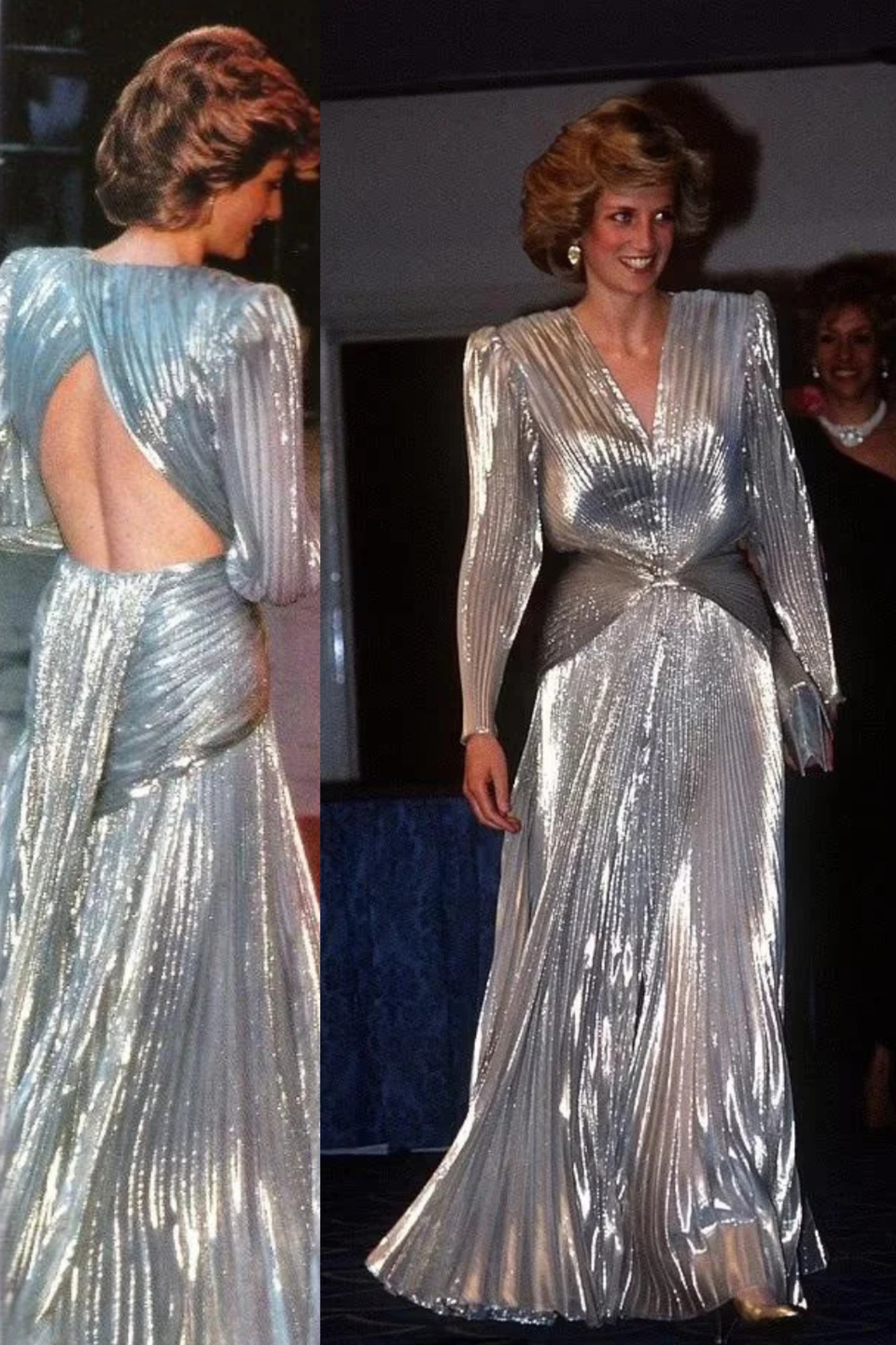 princess diana in gold dress attended a glamorous charity event at the Grosvenor House Ballroom London, held in support of Barnardo's, an organization she had recently become president of, on 26 March 1985. The Chic Gold Maxi Dress for Formal Dinners