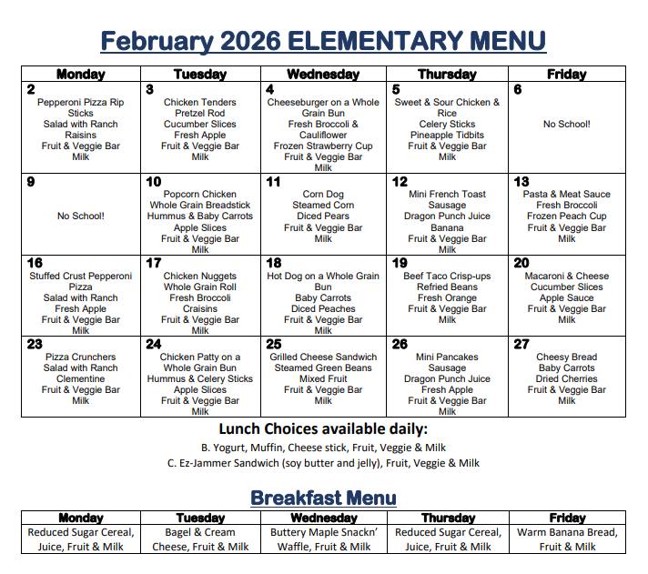 Hartland - January is over! Here is the elementary menu for February ...