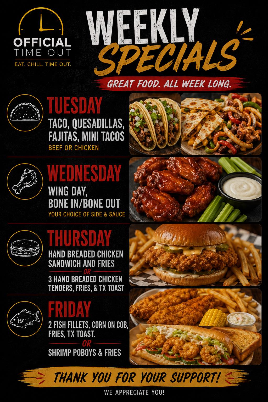 Weekly food specials at Official Time Out