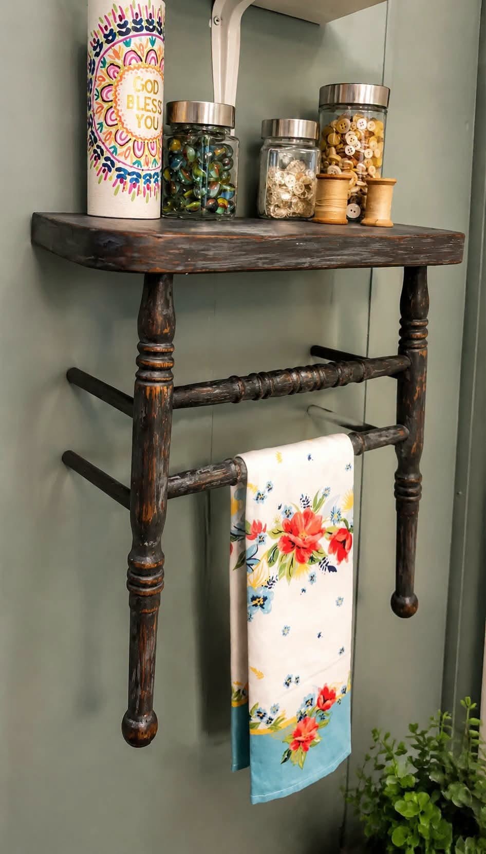Turned an old broken chair into this rustic DIY wall shelf and