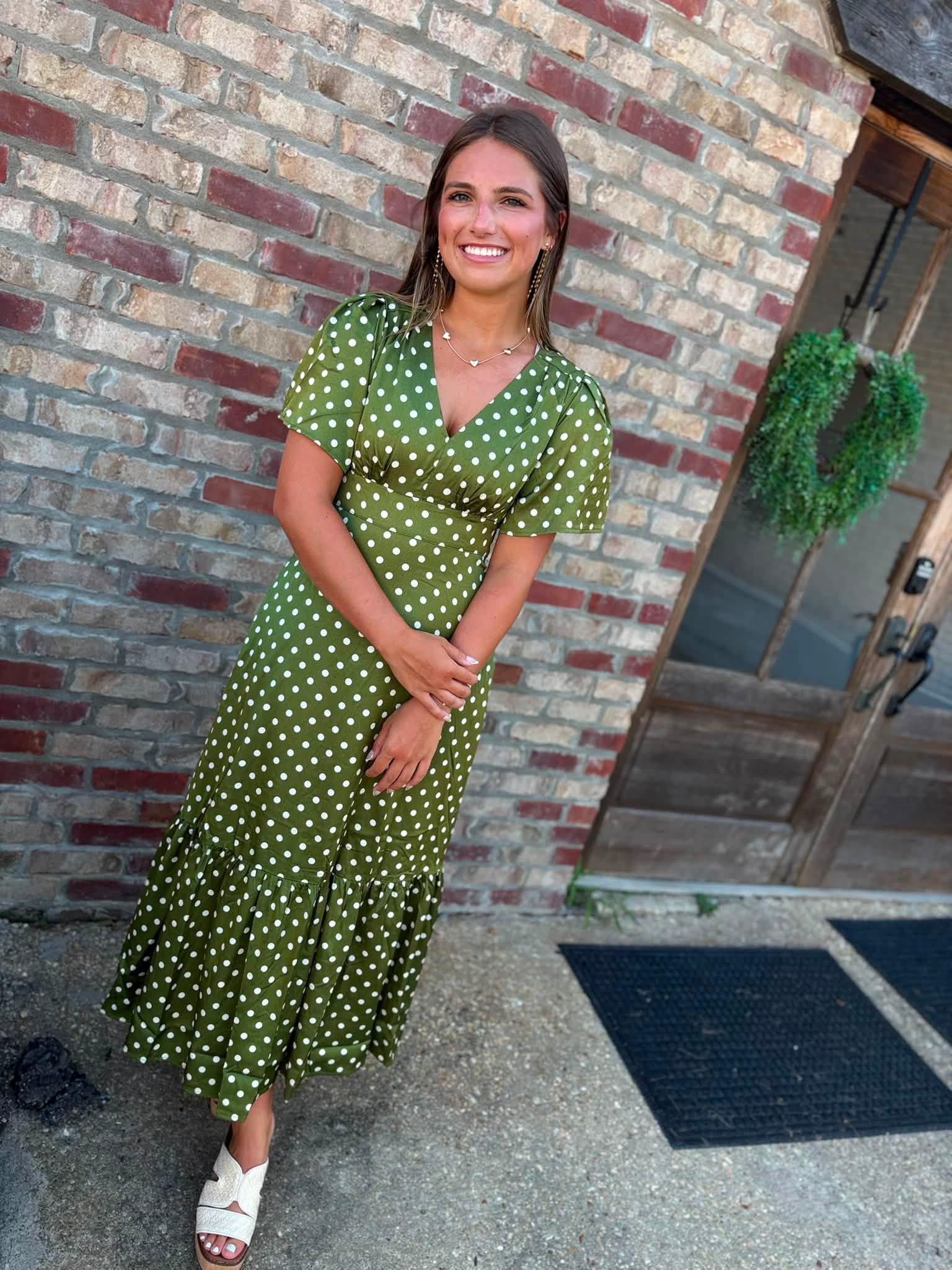 warehouse green polka dot dress olive at Southern Mags Boutique Style:PF260131