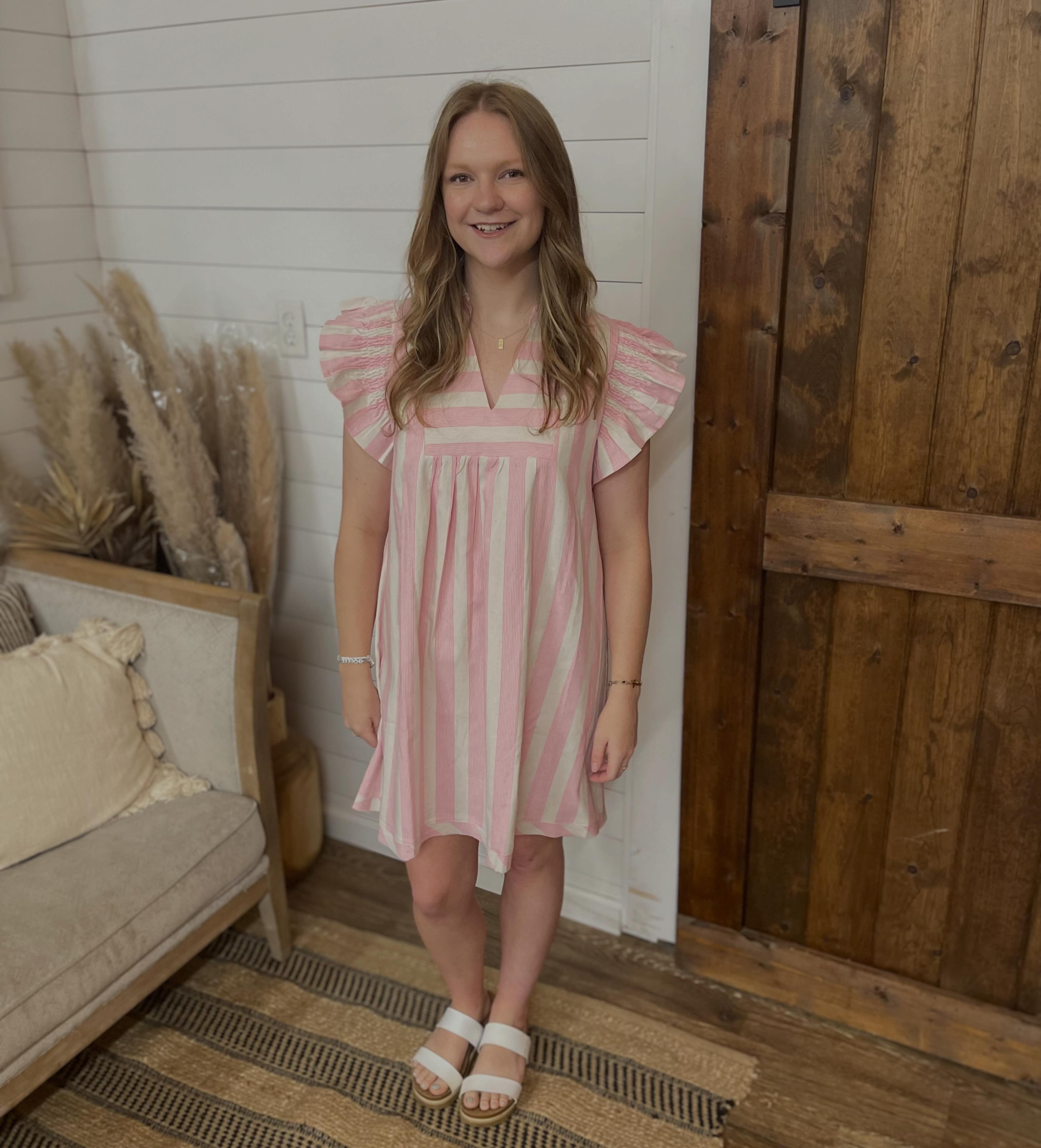 pink dress with brown sandals Easy summer and at Ellie Mack Boutique Brown shoes Color:White/Royal Mother of bride Dusk Color Bridesmaid Dress together without even trying