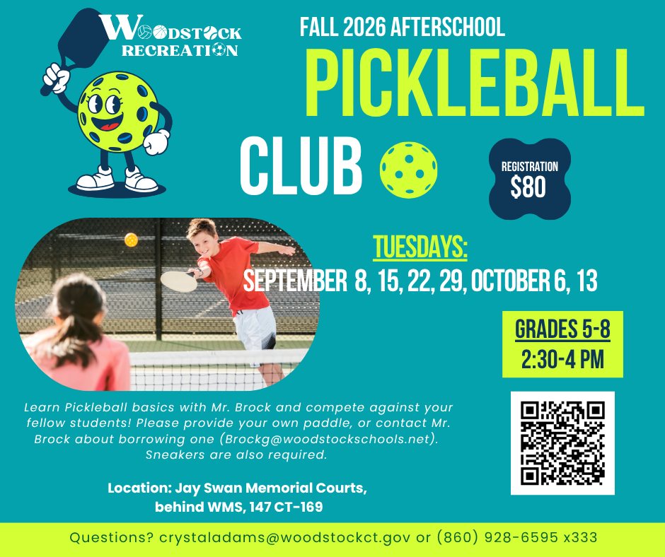 Woodstock CT afterschool pickleball club for grades 5-8