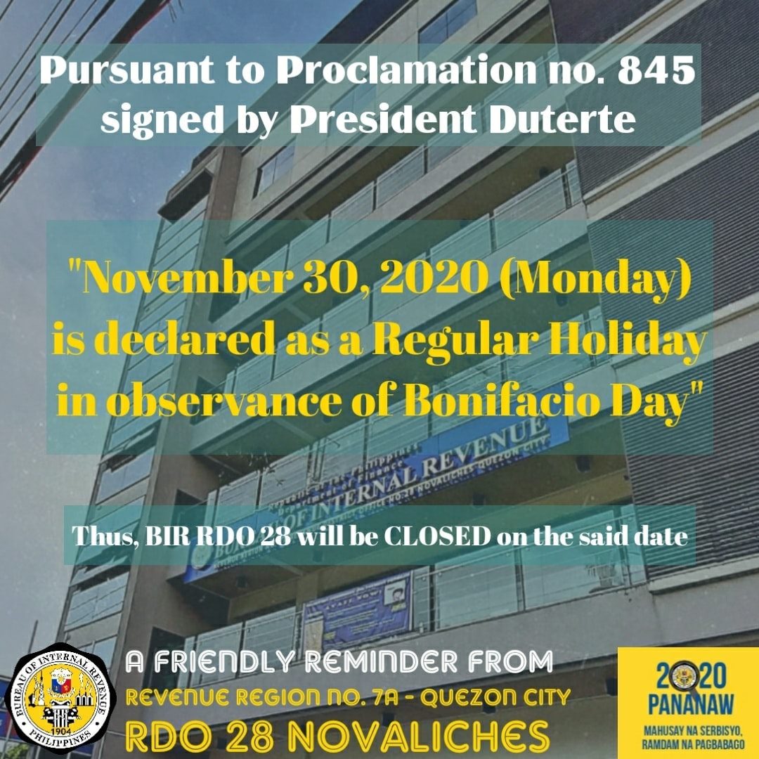 BIR Revenue District Office 028 - Novaliches - Pursuant to Proclamation ...