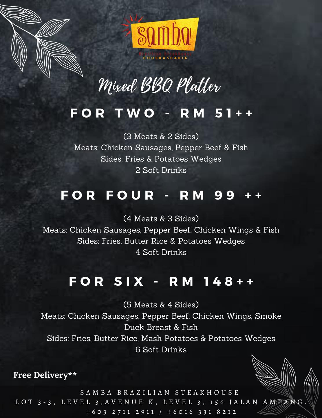 Delivery menu for Take Away... - Samba Brazilian Steak House | Facebook