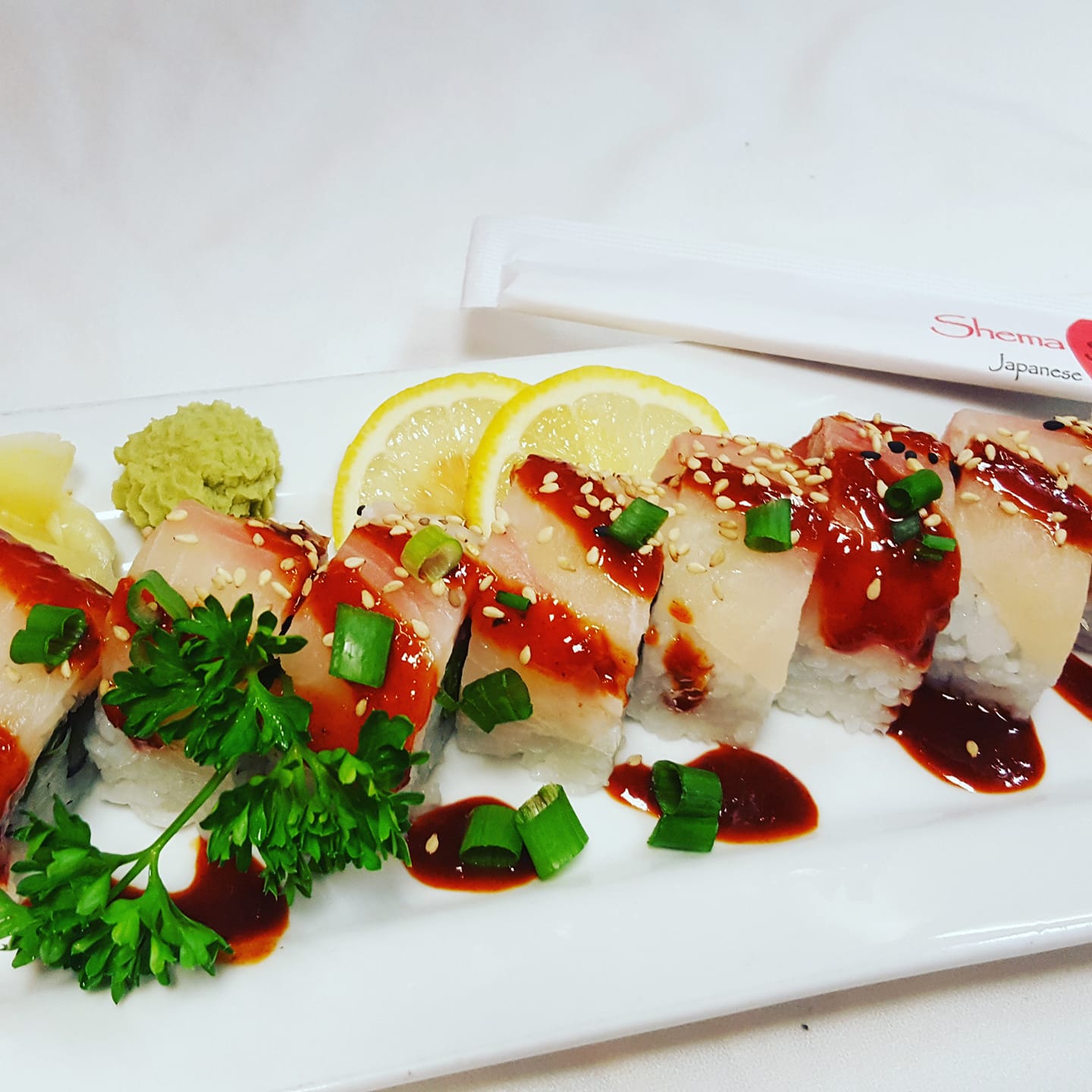 Shema Sushi - hot snapper roll, Korean vinaigrette pepper... | Facebook