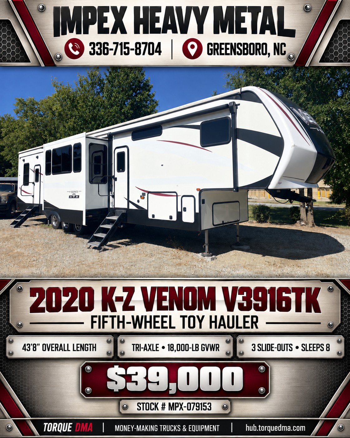 2020 K-Z VENOM V-SERIES V3916TK FIFTH-WHEEL TOY HAULER — $39,000