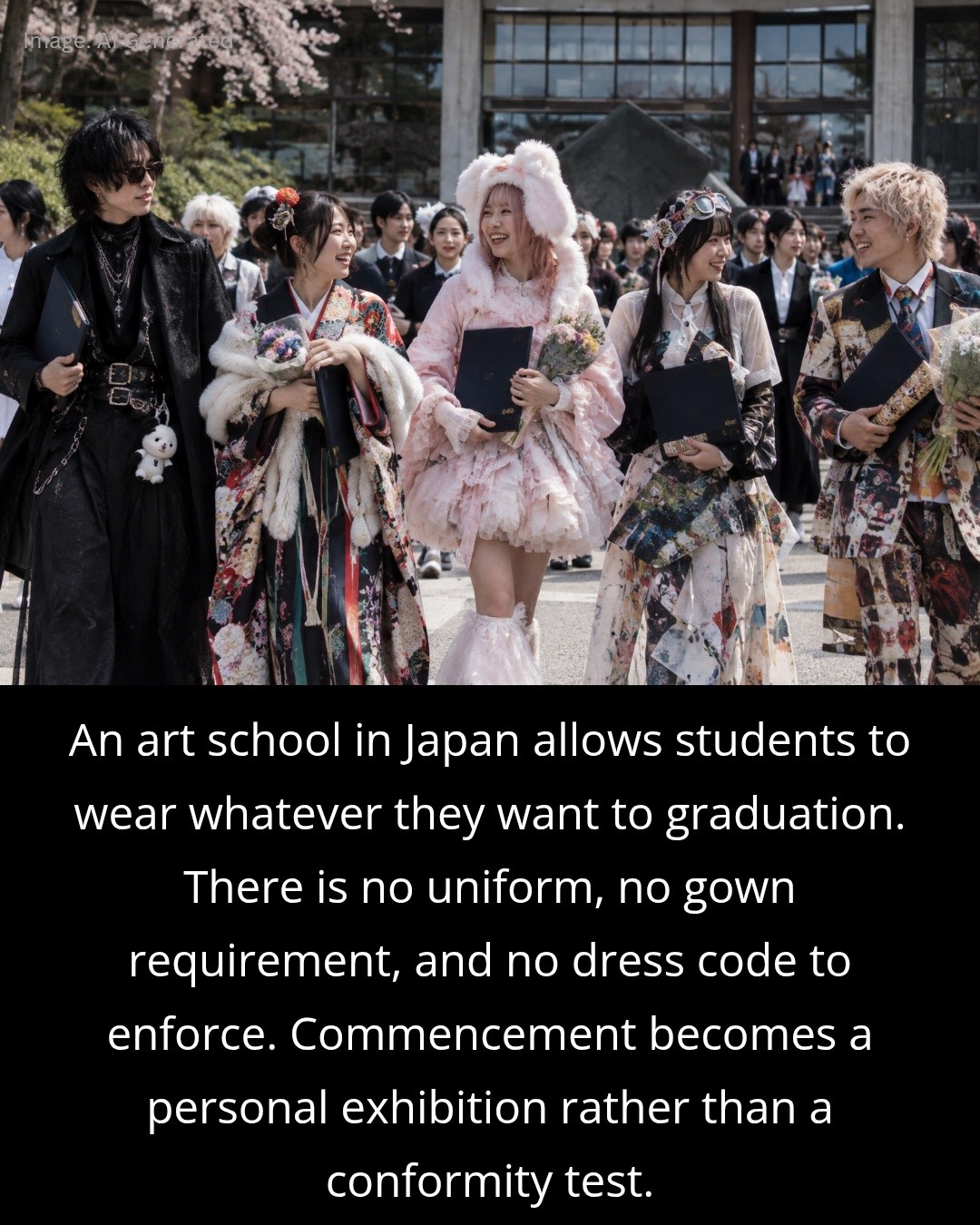 graduation dress in japan An art school lets students wear absolutely anything to graduation. No gowns, no code, no dress shoes, no committee measuring hemlines, no rental fees. So the ceremony becomes cosplay japanese graduation outfit female