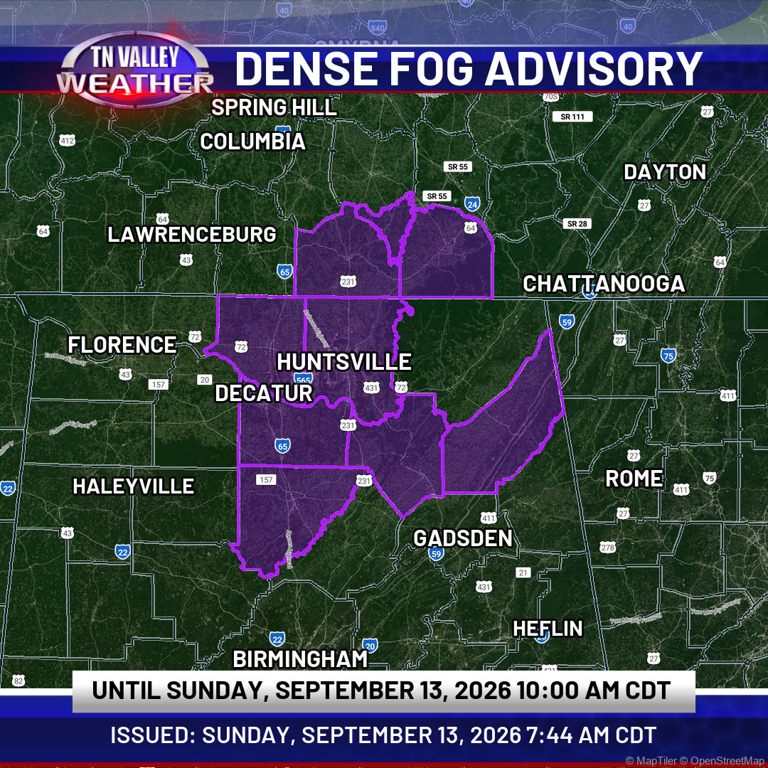 Dense fog has settled across Cullman, Limestone, Madison, Morgan