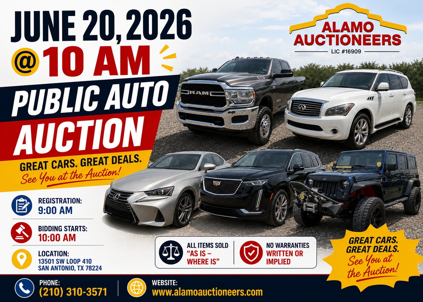Public auto auction in San Antonio on June 20, 2026