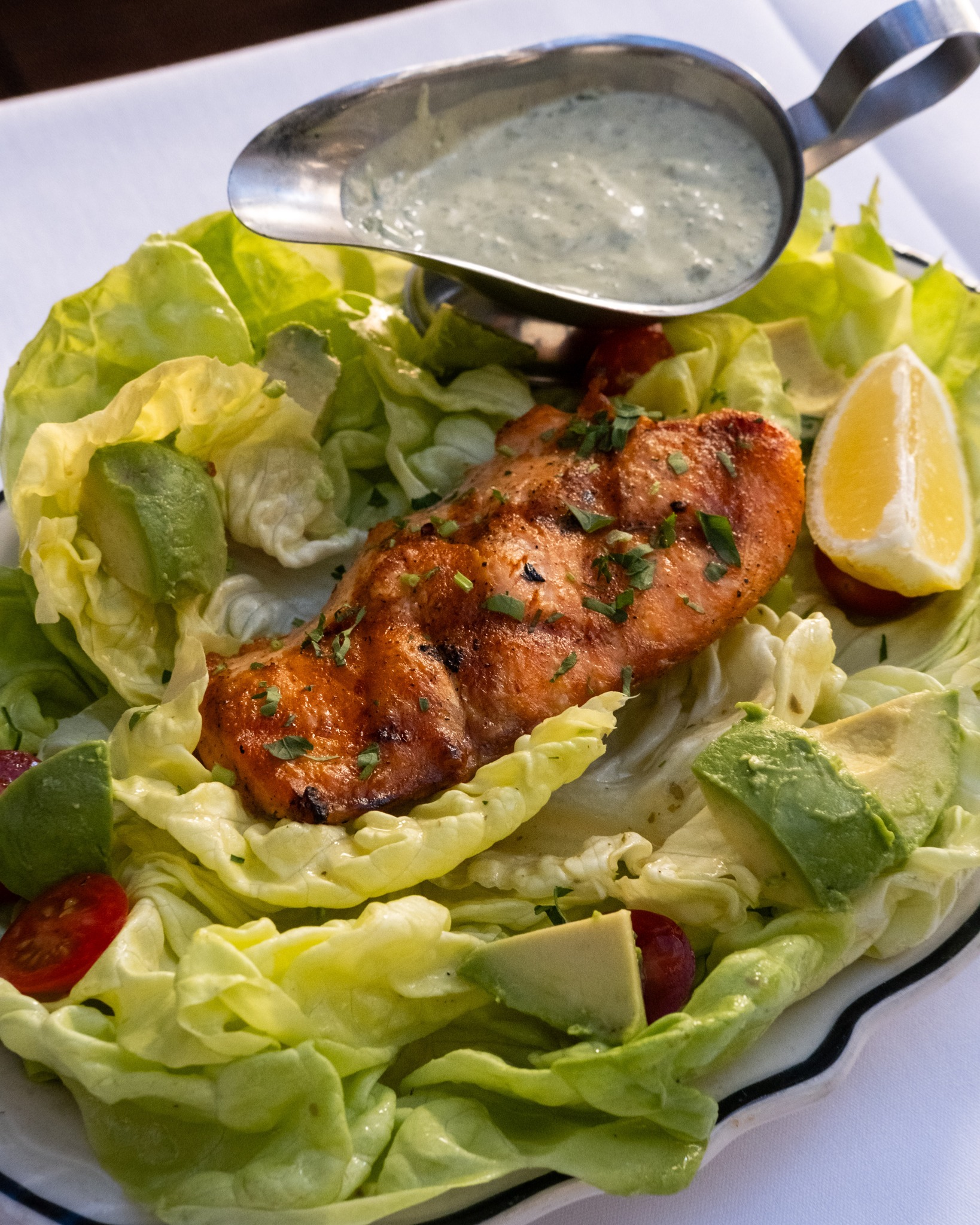 smoked salmon salad with green goddess dressing Our salad. Fresh local veg, wild caught grilled salmon, and that classic San Francisco dressing, invented at the Palace Hotel. https://samsgrill-sf.com contrast-trim