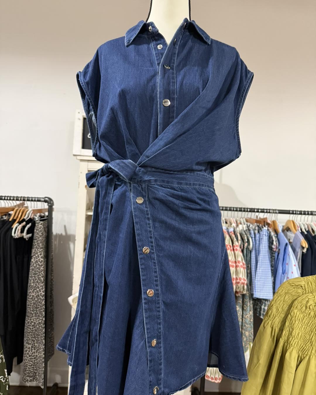 mustard seed denim dress New fall arrivals at Lou & Shea Boutique in Market, Franklin, KY Denim minidress Size:L/12 STAR CORSET SEQUIN MINI Silhouette_A Line