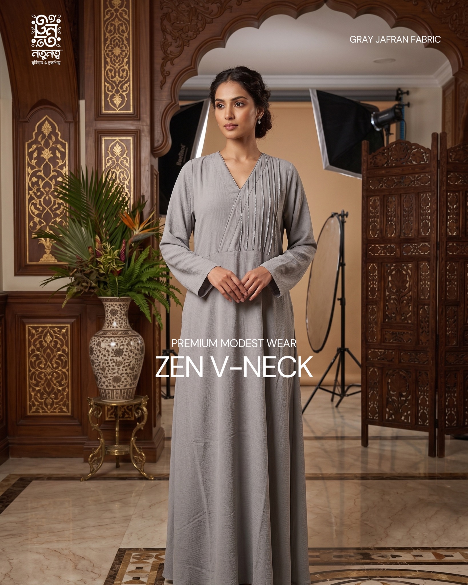 grey modest dress Natunatta's elegant zen v-neck wear embellishment:SEQUIN