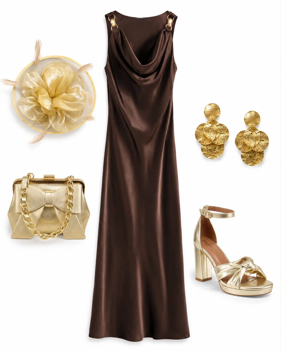 Chocolate Maxi Dress 🥰 Beautiful teamed up with these Gold accessories The fascinator is a new style just in