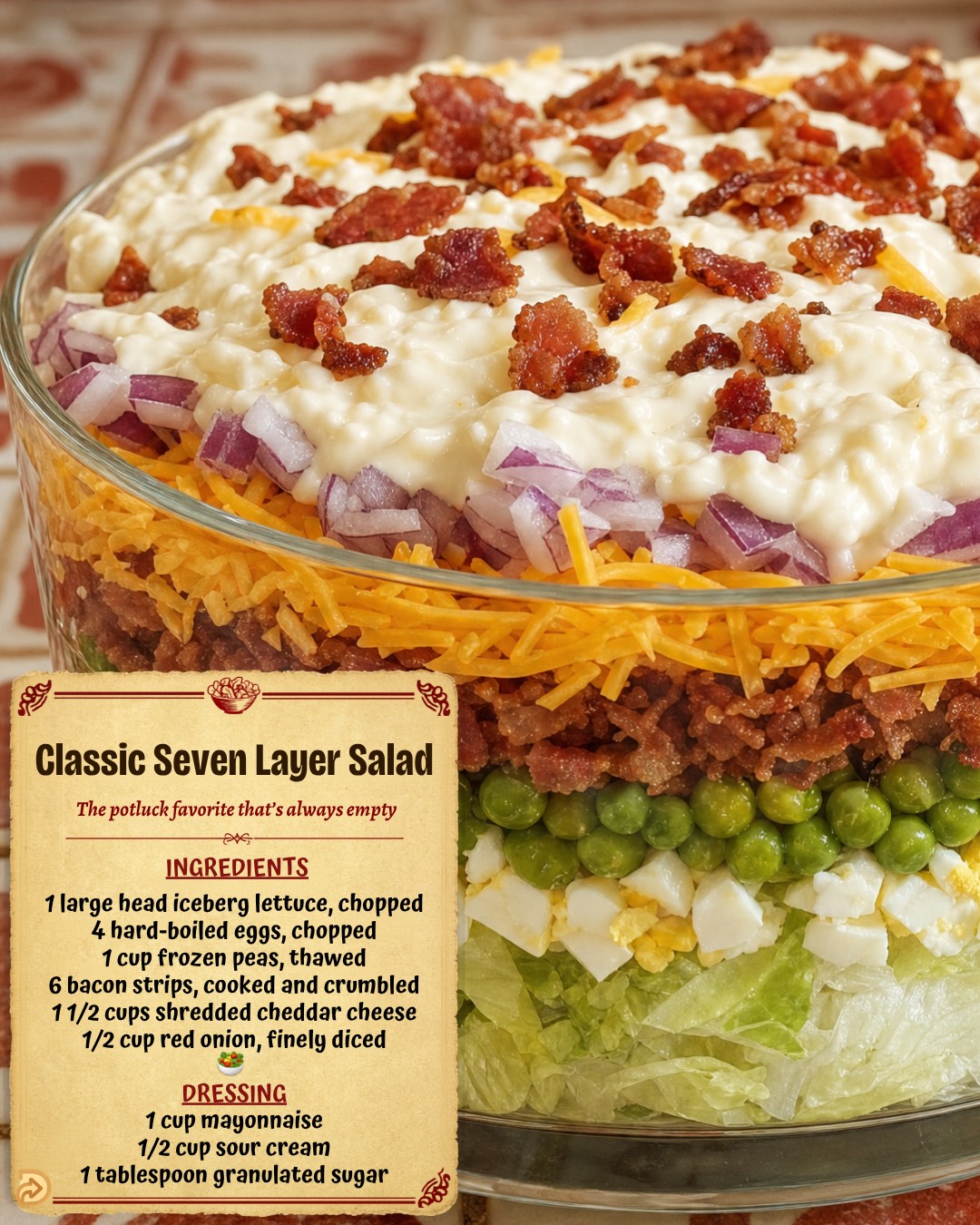 I almost didn't bring this to Thanksgiving because seven layer salad felt too basic next to everything else on the table. In a large glass bowl, layer 1 large head chopped iceberg